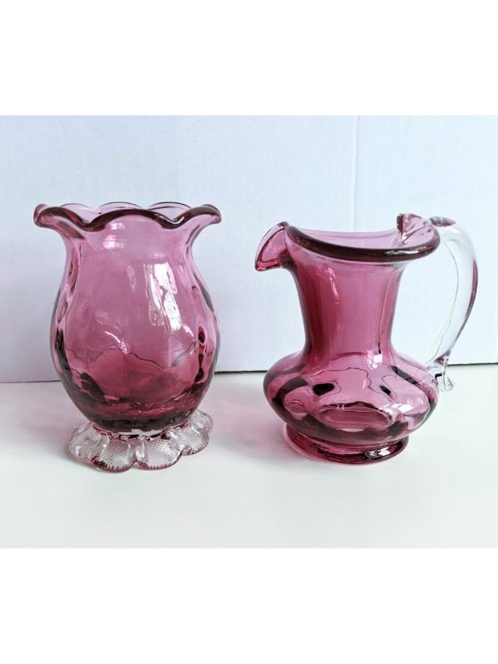 Vintage Small Cranberry Glass Table Set Pitcher and Vase 4"